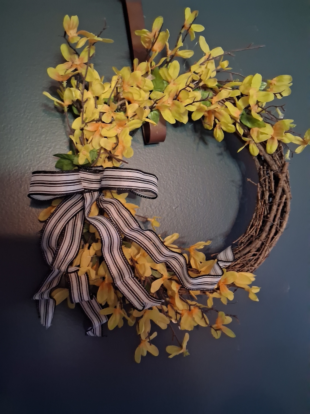 Yellow Forsythia Grapevine Wreath with Striped Bow - Home Holiday